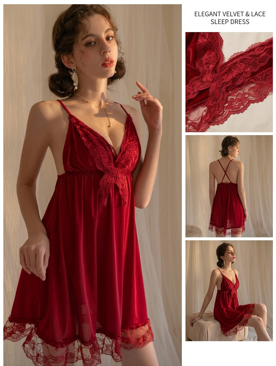 Elegent Lace Sleep Dress Nighty Red