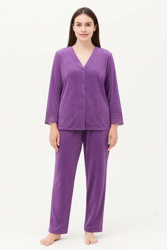 Laced Sleeves Silk Pajama Suit