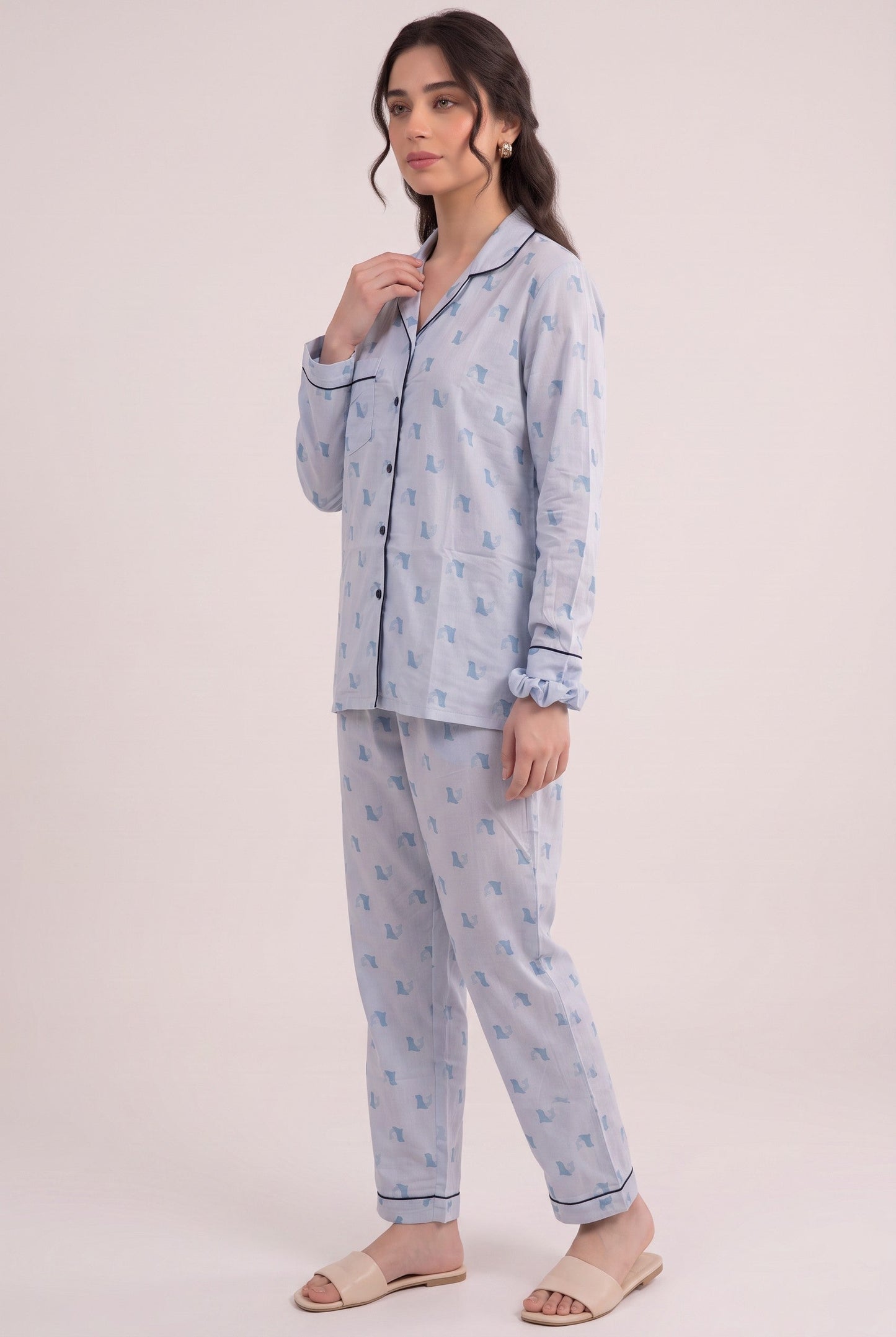 Linen Printed Lounge Set – Misty Sky Blue