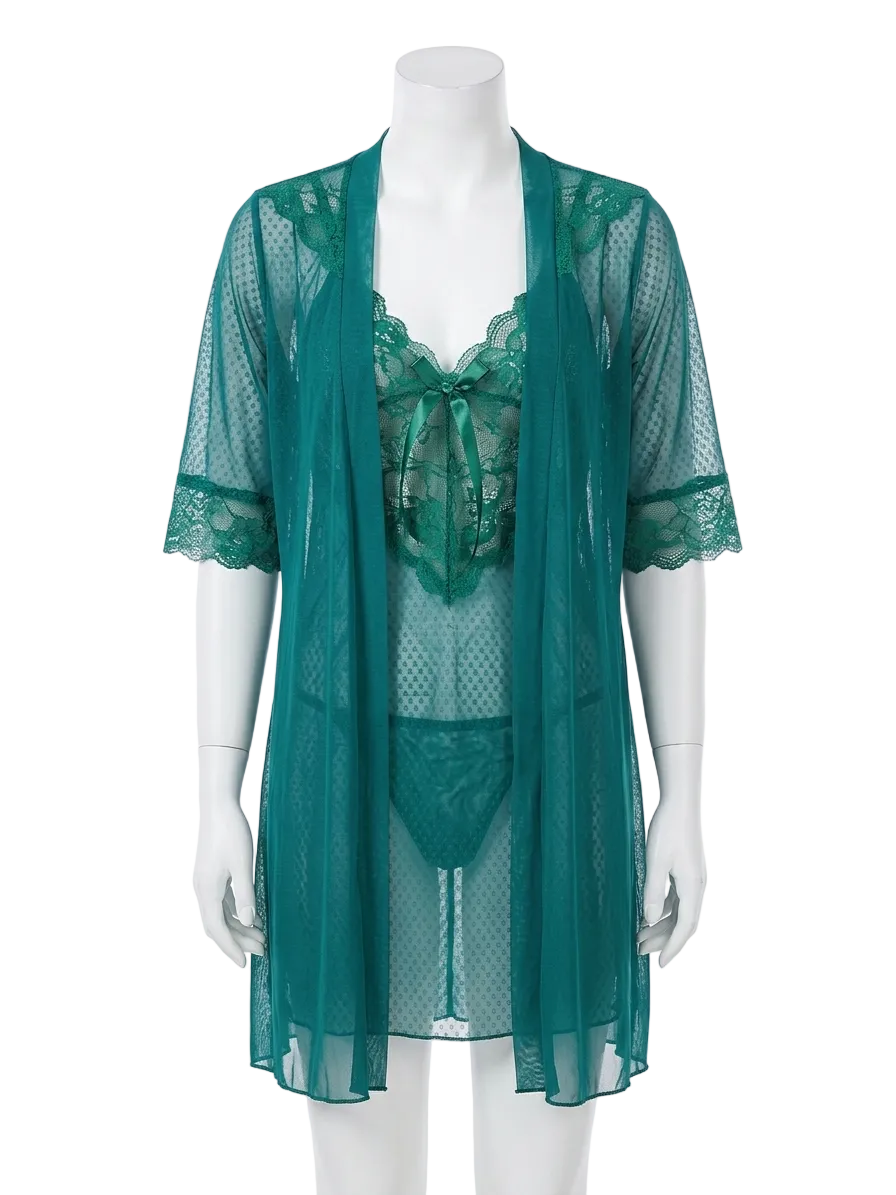Silk 3pcs Nighty Set (Camisole, Gown & Panty) Green Night Wear Hot Dress
