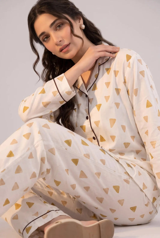 Linen Printed Lounge Set – Geometric Dune & Gold