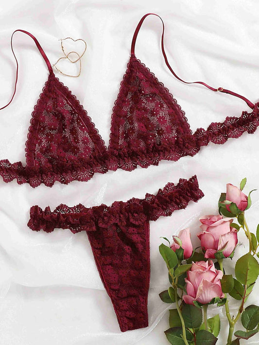 2 PCs Sexy Lingerie Set – Burgundy Floral Lace