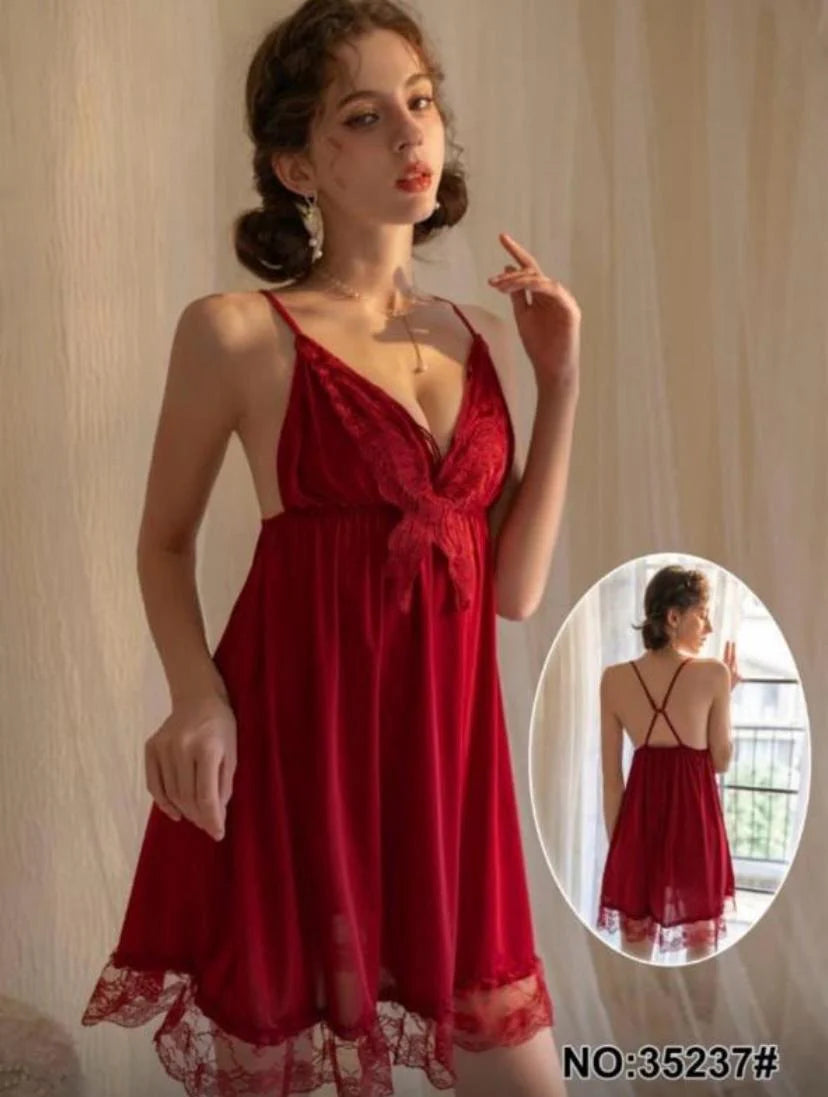Elegent Lace Sleep Dress Nighty Red