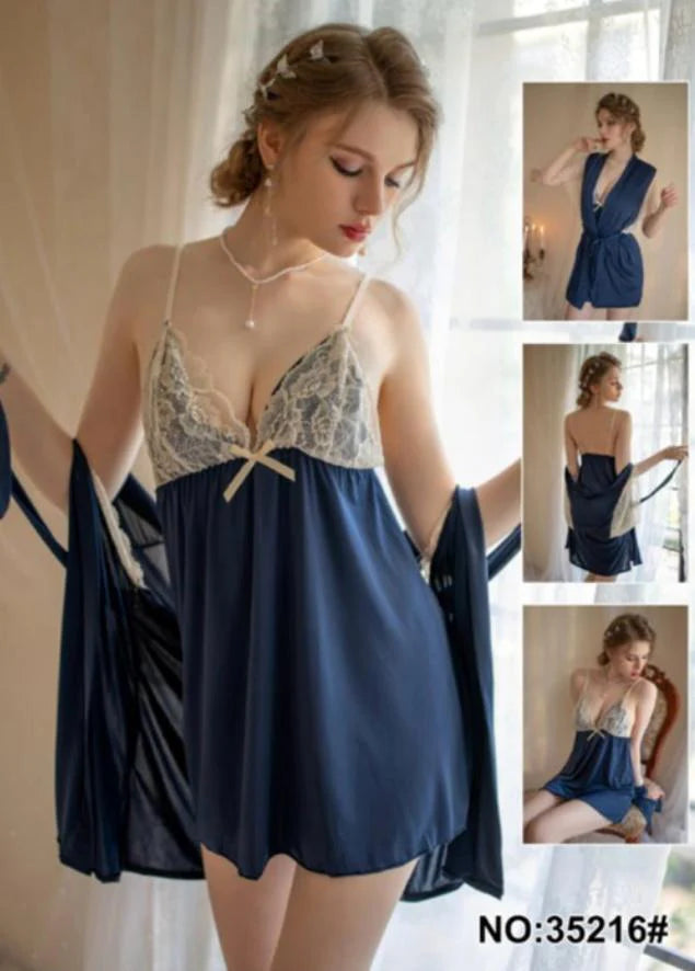 Luxury Satin Nighty Sleep Wear Set Blue