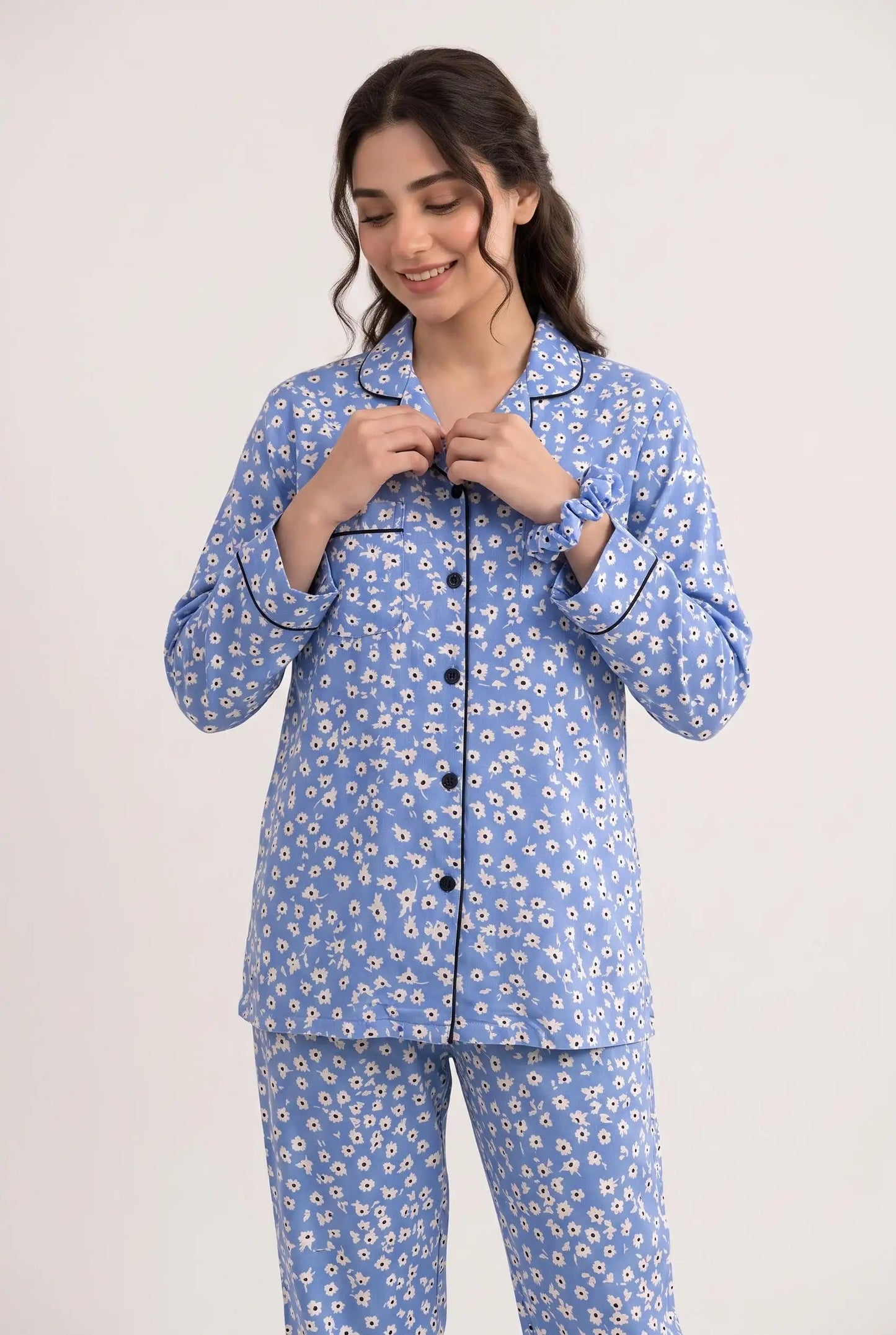 Linen Floral Lounge Set – Powder Blue