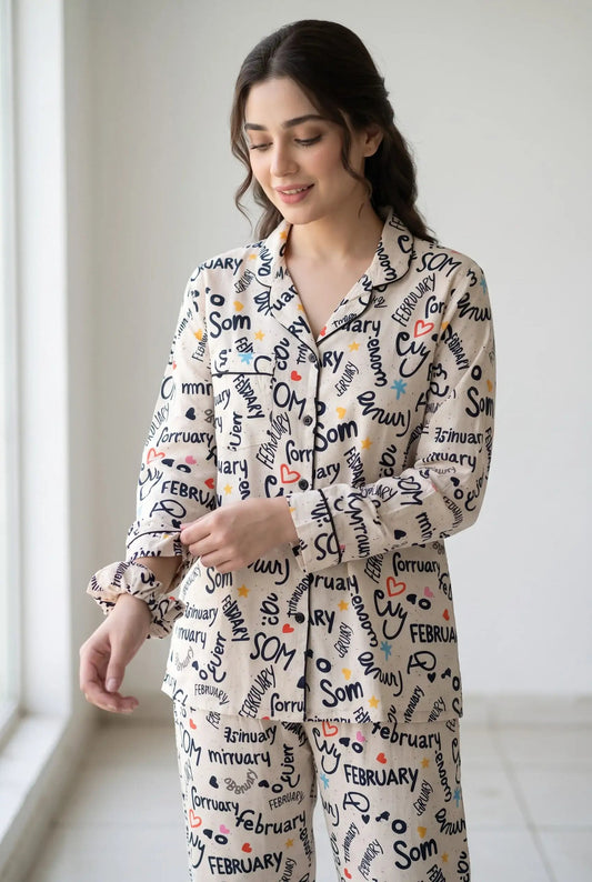 Linen Printed Lounge Set – Cream Playful Words