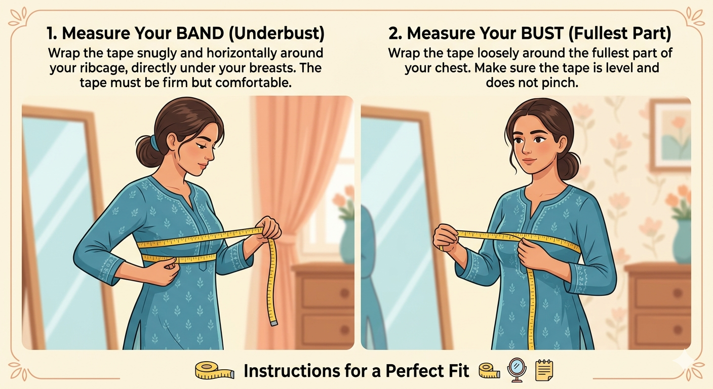 Illustration showing a woman measuring her band and bust with text instructions on how to measure for a perfect fit.