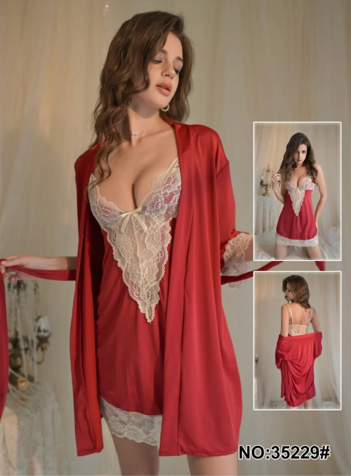 Hot Red Nighty with Lace 2 Pcs Set