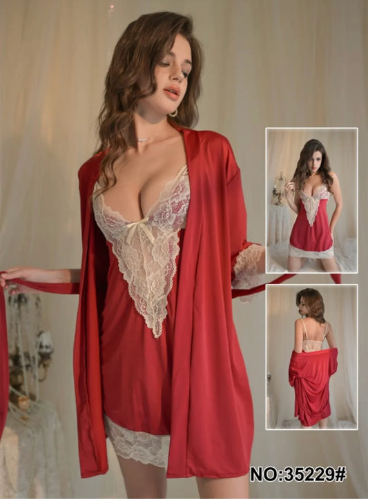 Hot Red Nighty with Lace 2 Pcs Set