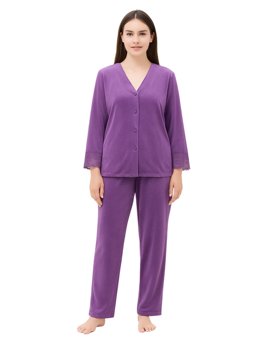 Laced Sleeves Silk Pajama Suit