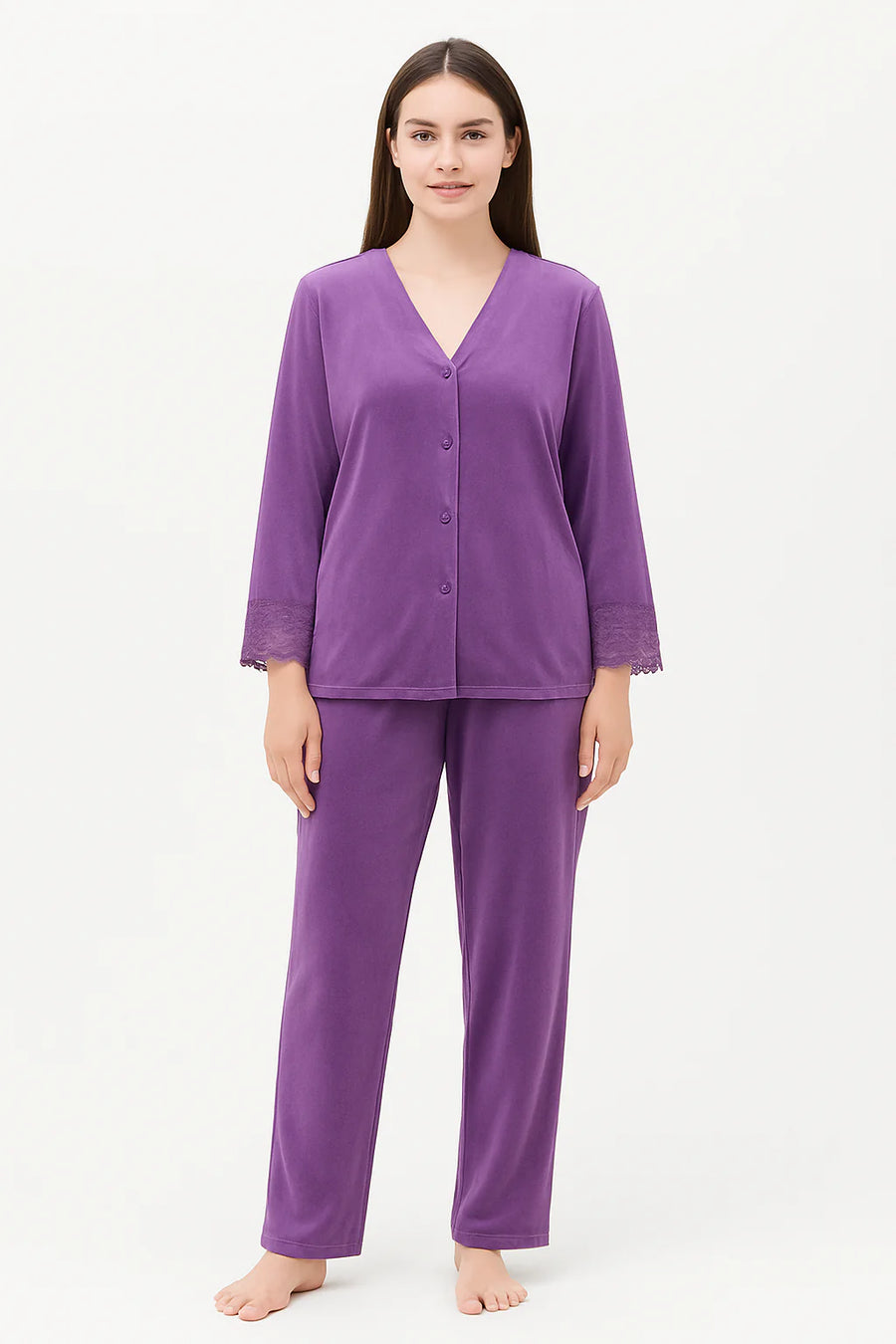 Laced Sleeves Silk Pajama Suit