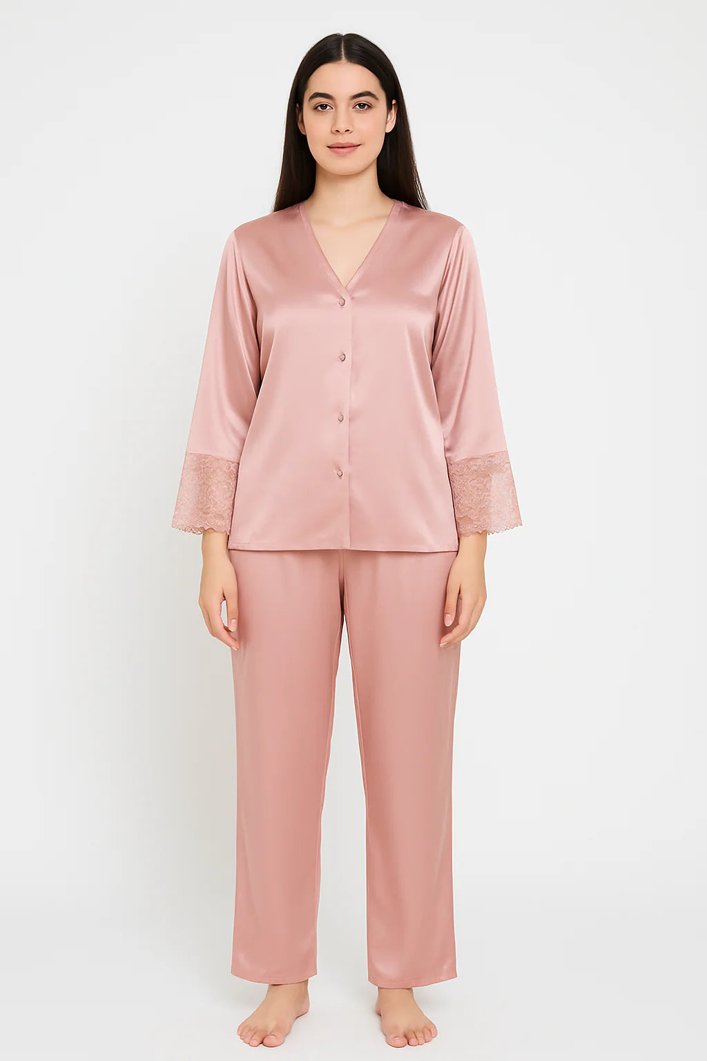 Laced Sleeves Silk Pajama Suit