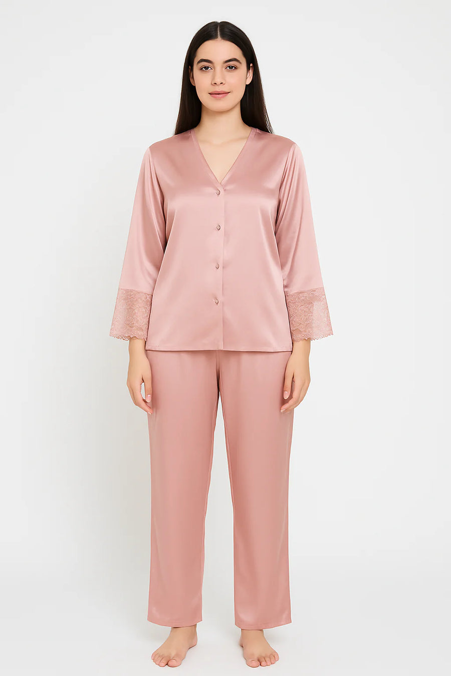 Laced Sleeves Silk Pajama Suit