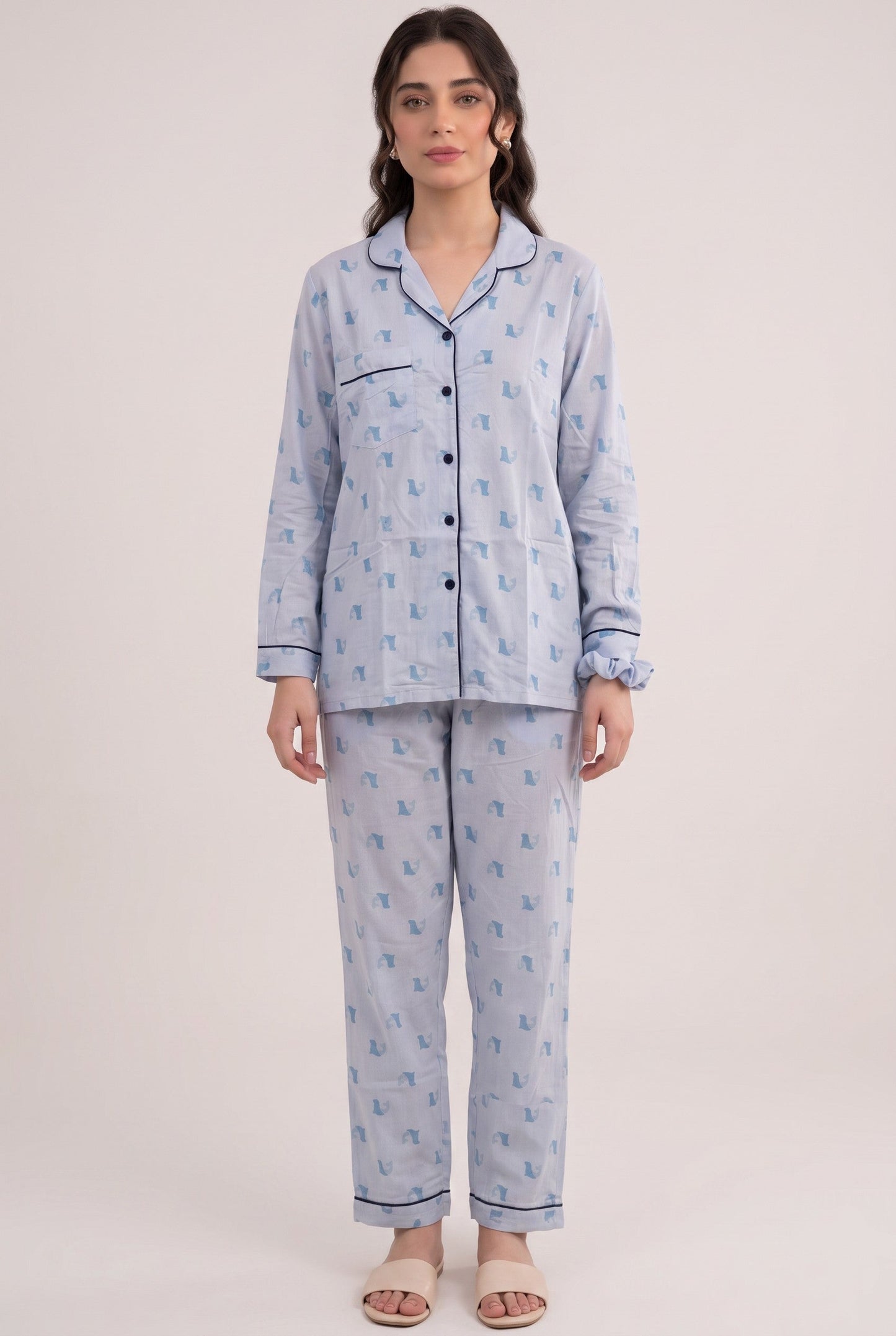 Linen Printed Lounge Set – Misty Sky Blue