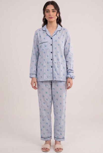 Linen Printed Lounge Set – Misty Sky Blue