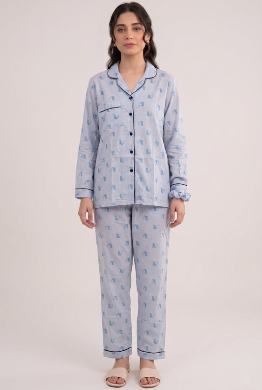 Linen Printed Lounge Set – Misty Sky Blue