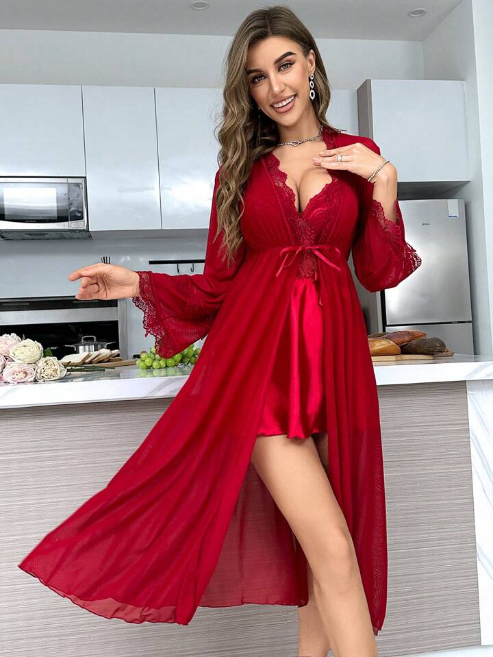 Premium Silk Nighty 2 Pcs Set Red