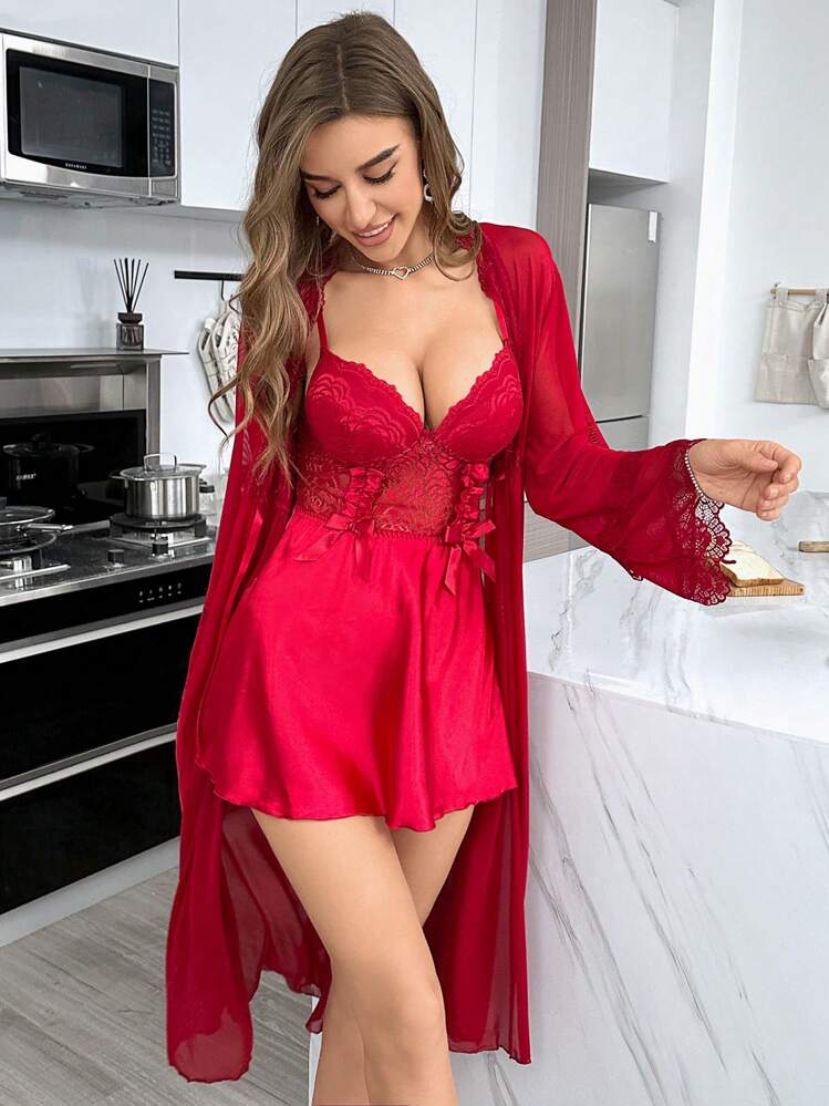 Premium Silk Nighty 2 Pcs Set Red