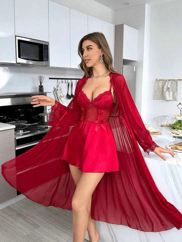 Premium Silk Nighty 2 Pcs Set Red