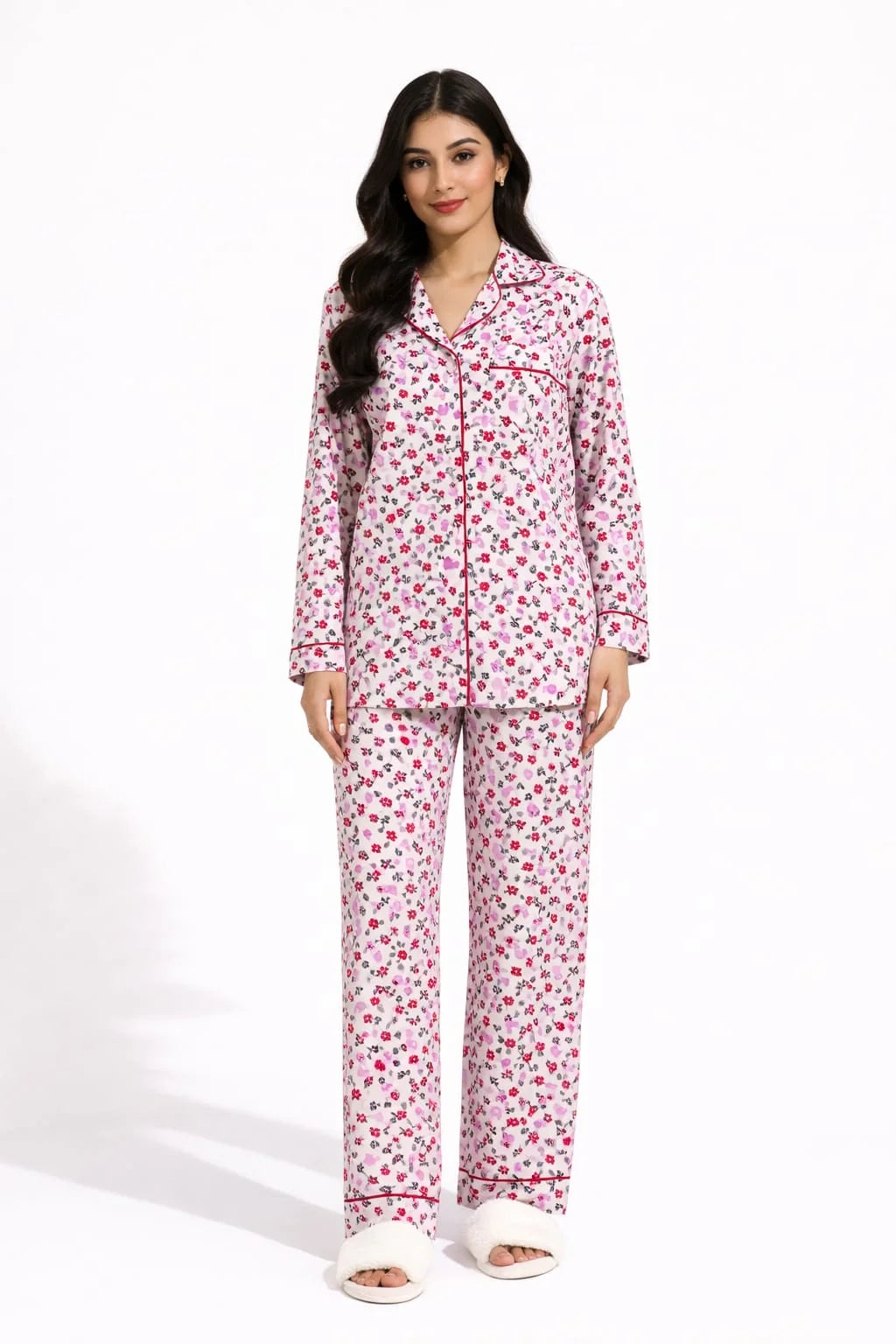 Rosy Bloom Elegance Printed Linen Pajama Suit