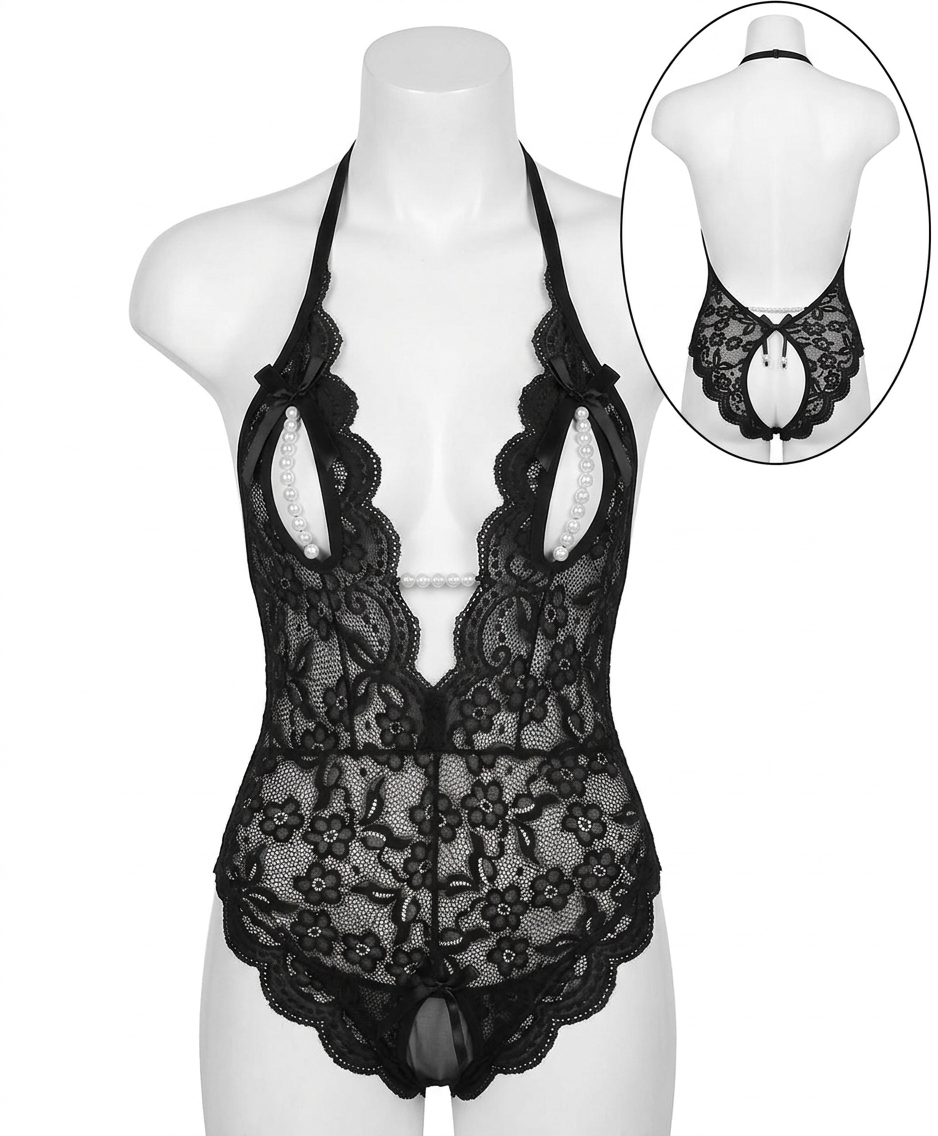 Sexy Lace Cutout Bodysuit with Open Bust & Backless Design