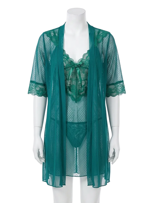 Silk 3pcs Nighty Set (Camisole, Gown & Panty) Green Night Wear Hot Dress